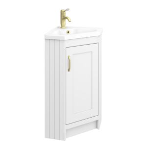 Chatsworth Traditional White Corner Vanity Unit with Brushed Brass Handle