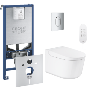 Grohe Rapid SLX 1.13m Frame & Sensia Wall Hung Shower Toilet with Chrome Arena Cosmopolitan Flush Plate