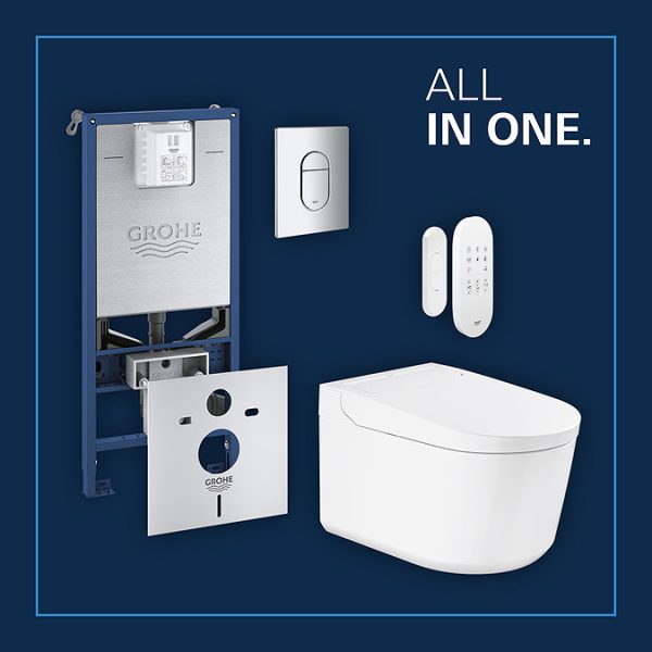 Grohe Rapid SLX 1.13m Frame & Sensia Wall Hung Shower Toilet with Chrome Arena Cosmopolitan Flush Plate - Image 5