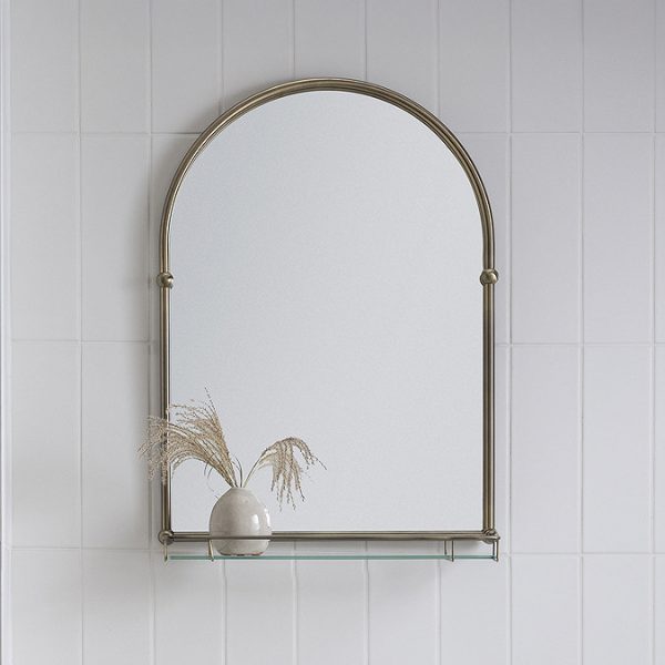 Chatsworth Traditional 700 x 490mm Arched Mirror with Glass Shelf   Antique Brass - Image 7