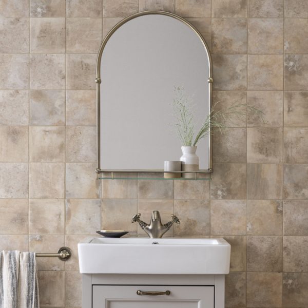 Chatsworth Traditional 700 x 490mm Arched Mirror with Glass Shelf   Antique Brass