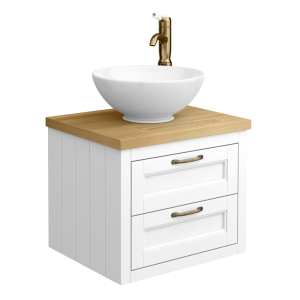 Chatsworth 545mm White Wall Hung Countertop Vanity with Worktop, Round Basin & Antique Brass Handles