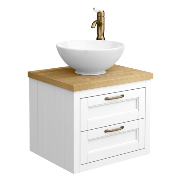 Chatsworth 545mm White Wall Hung Countertop Vanity with Worktop, Round Basin & Antique Brass Handles