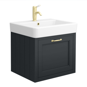 Chatsworth Graphite Wall Hung 1 Drawer Vanity   560mm with Brushed Brass Handle