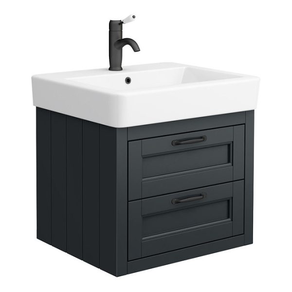 Chatsworth Traditional Graphite 560mm 2 Drawer Wall Hung Vanity with Matt Black Handles - Image 5