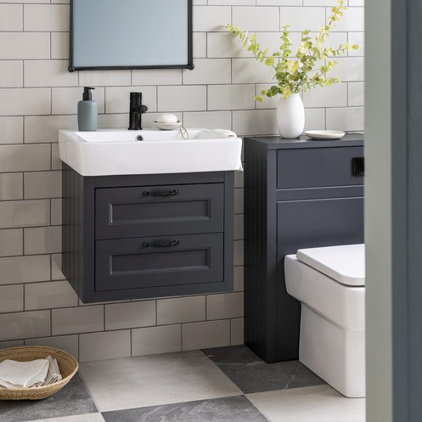 Chatsworth Traditional Graphite 560mm 2 Drawer Wall Hung Vanity with Matt Black Handles - Image 2