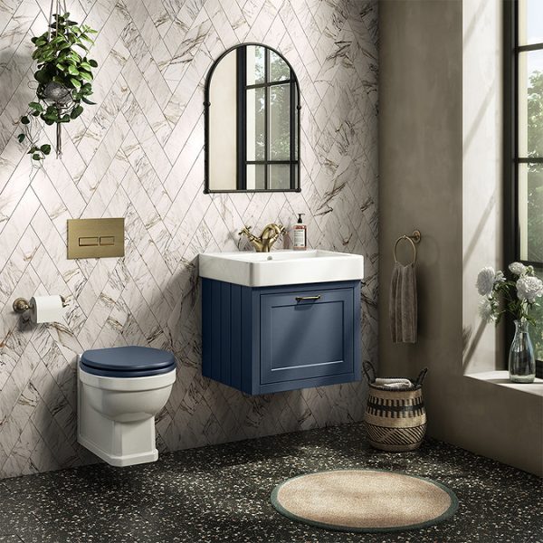 Chatsworth Traditional Blue 560mm Wall Hung Vanity with Antique Brass Handle - Image 2