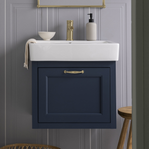 Chatsworth Blue Wall Hung 1 Drawer Vanity   560mm with Brushed Brass Handle