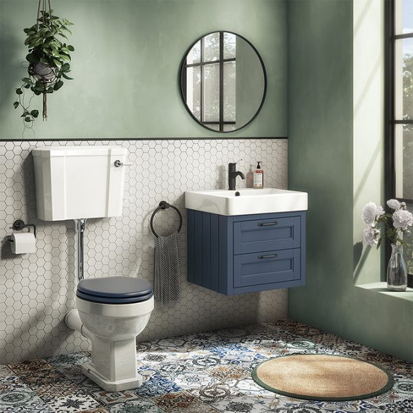 Chatsworth Traditional Blue 560mm 2 Drawer Wall Hung Vanity with Matt Black Handles - Image 4