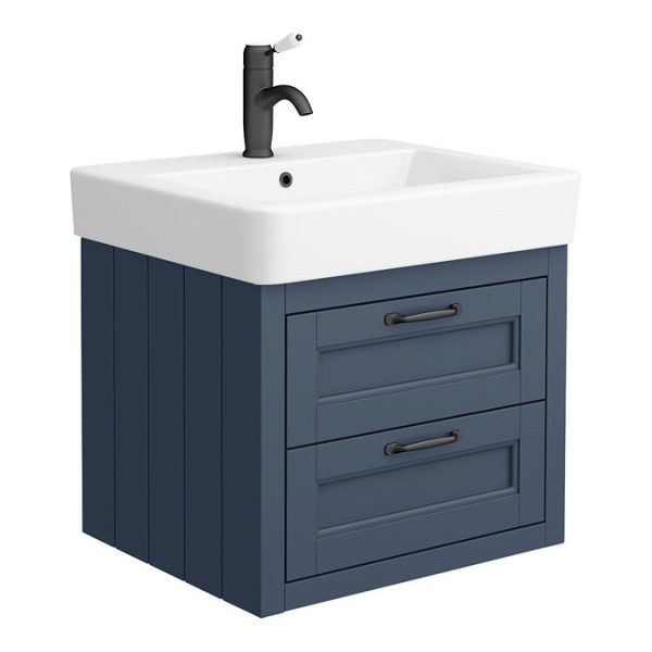 Chatsworth Traditional Blue 560mm 2 Drawer Wall Hung Vanity with Matt Black Handles - Image 5