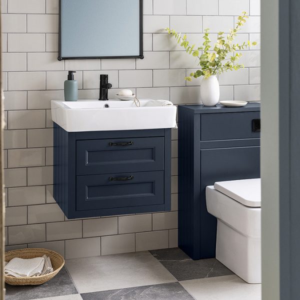 Chatsworth Traditional Blue 560mm 2 Drawer Wall Hung Vanity with Matt Black Handles - Image 2