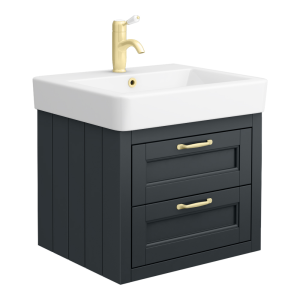 Chatsworth Graphite Wall Hung 2 Drawer Vanity   560mm with Brushed Brass Handles