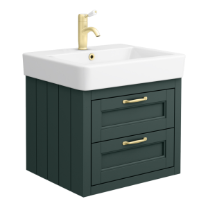 Chatsworth Green Wall Hung 2 Drawer Vanity   560mm with Brushed Brass Handles