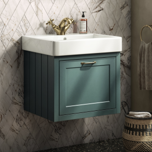 Chatsworth Green Wall Hung 1 Drawer Vanity   560mm with Brushed Brass Handle