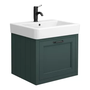Chatsworth Traditional Green Wall Hung Vanity   560mm Wide with Matt Black Handle