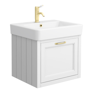 Chatsworth White Wall Hung 1 Drawer Vanity   560mm with Brushed Brass Handle