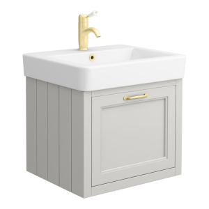 Chatsworth Grey Wall Hung 1 Drawer Vanity   560mm with Brushed Brass Handle