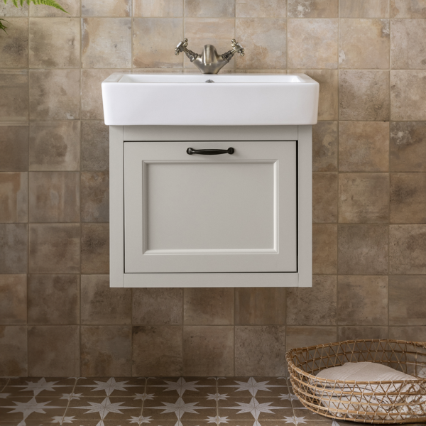 Chatsworth Traditional Grey Wall Hung Vanity   560mm Wide with Matt Black Handle