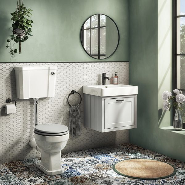 Chatsworth Traditional Grey Wall Hung Vanity   560mm Wide with Matt Black Handle - Image 2