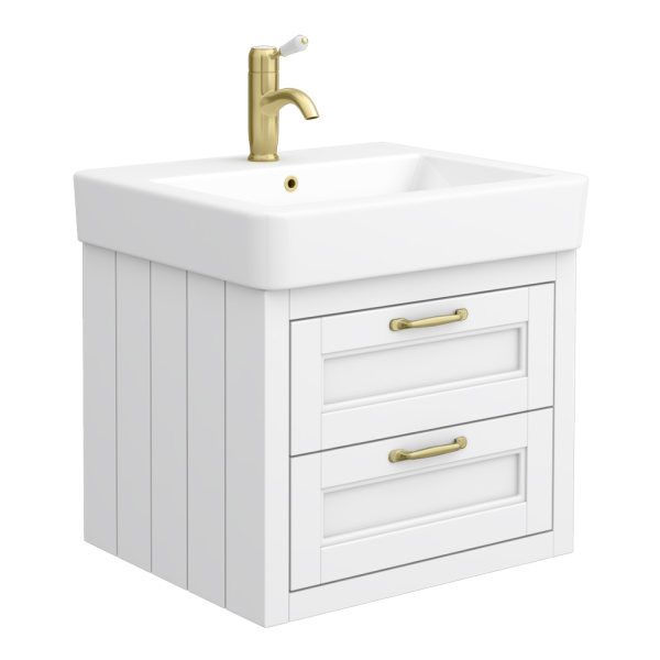 Chatsworth White Wall Hung 2 Drawer Vanity   560mm with Brushed Brass Handles