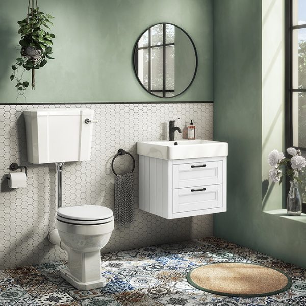Chatsworth Traditional White 560mm 2 Drawer Wall Hung Vanity with Matt Black Handles - Image 3