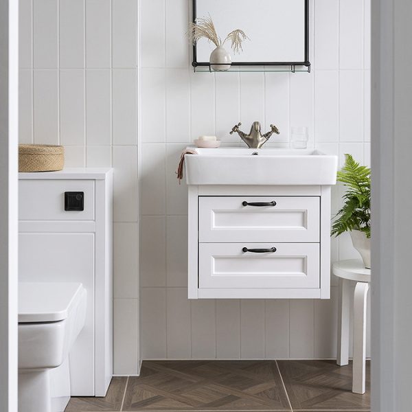 Chatsworth Traditional White 560mm 2 Drawer Wall Hung Vanity with Matt Black Handles - Image 2