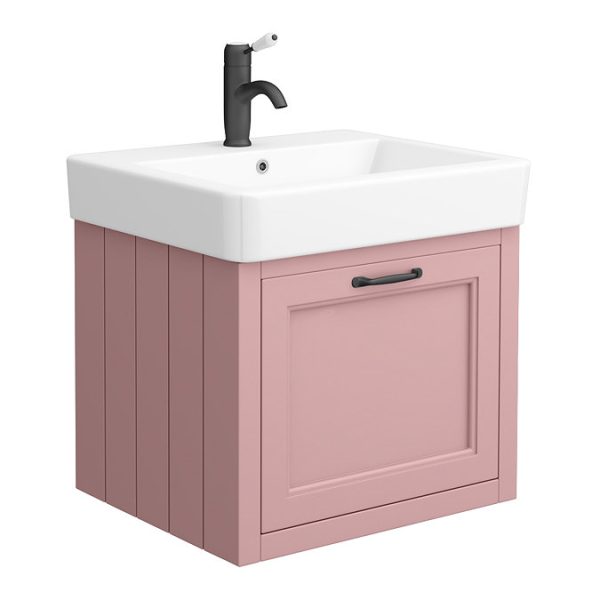 Chatsworth Traditional Dusky Pink Wall Hung Vanity   560mm Wide with Matt Black Handle - Image 4