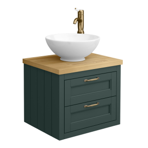 Chatsworth 545mm Green Wall Hung Countertop Vanity with Worktop, Round Basin & Antique Brass Handles