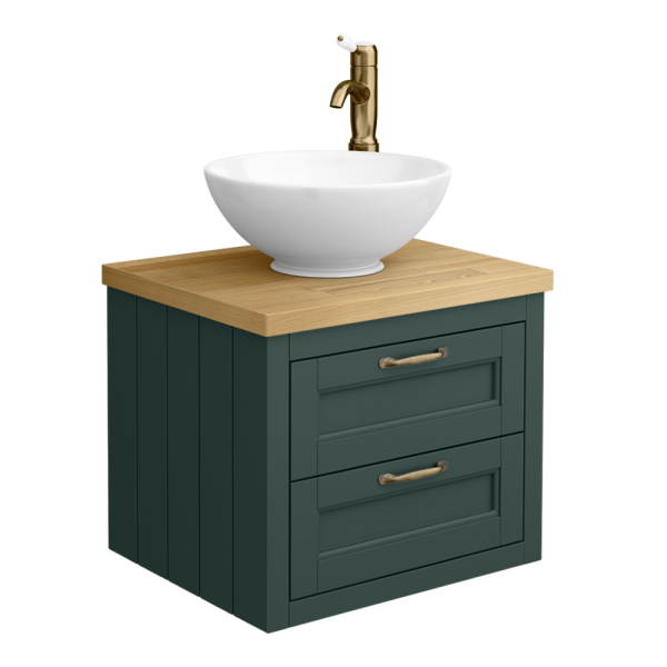 Chatsworth 545mm Green Wall Hung Countertop Vanity with Worktop, Round Basin & Antique Brass Handles
