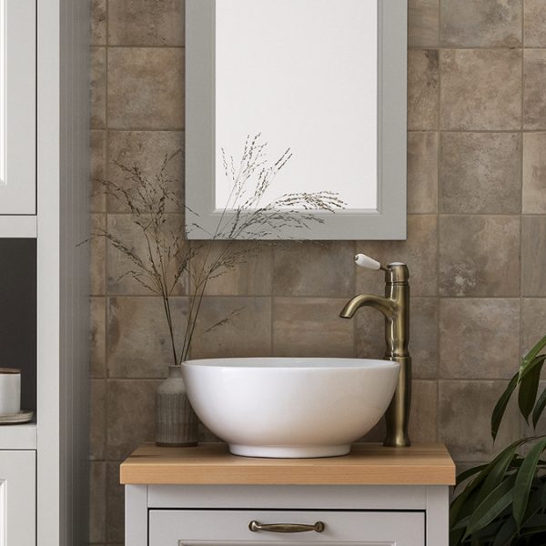 Chatsworth 545mm Grey Wall Hung Countertop Vanity with Worktop, Round Basin & Antique Brass Handles - Image 2