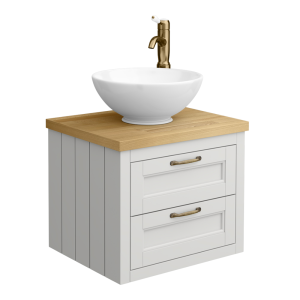 Chatsworth 545mm Grey Wall Hung Countertop Vanity with Worktop, Round Basin & Antique Brass Handles