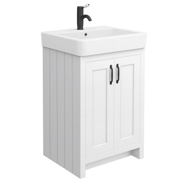 Chatsworth Traditional White Double Basin Vanity + Cupboard Combination Unit with Matt Black Handles - Image 4