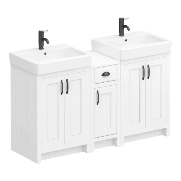 Chatsworth Traditional White Double Basin Vanity + Cupboard Combination Unit with Matt Black Handles