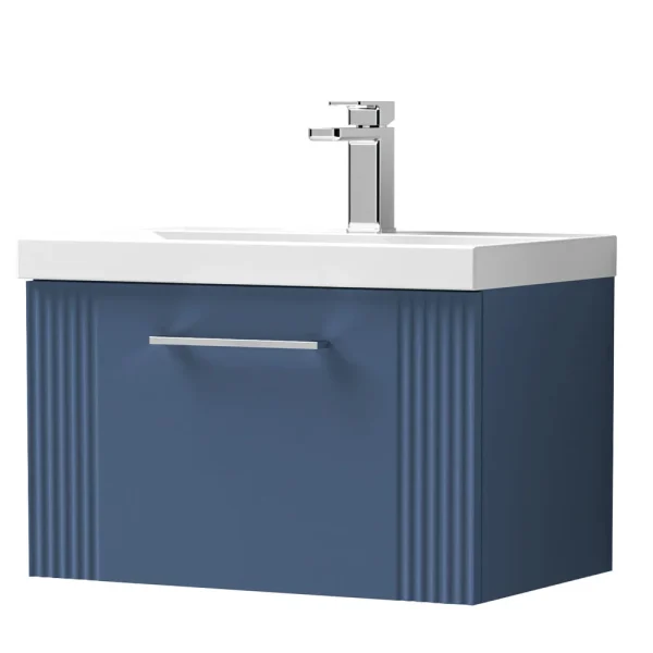 Roxbury Deco Fluted 600mm Blue Vanity Unit   Wall Hung 1 Drawer Unit & Chrome Handle