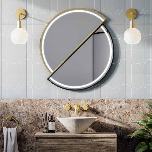 Duet Matt Black & Brushed Brass 800mm Split Circular LED Mirror with Demister, Touch Control & Colour Changing Light - Image 2