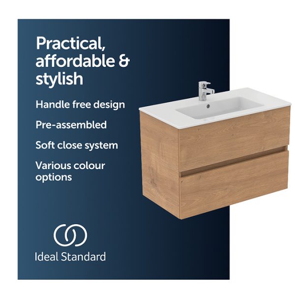 Ideal Standard Eurovit+ 70cm Wall Hung 2 Drawer Vanity Unit with Basin   Natural Oak - Image 7