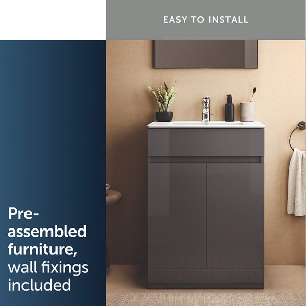 Ideal Standard Eurovit+ 60cm Floor Standing 2 Door Vanity Unit with Basin   Mid Grey - Image 9