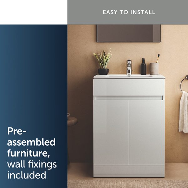 Ideal Standard Eurovit+ 60cm Floor Standing 2 Door Vanity Unit with Basin   Gloss White - Image 2