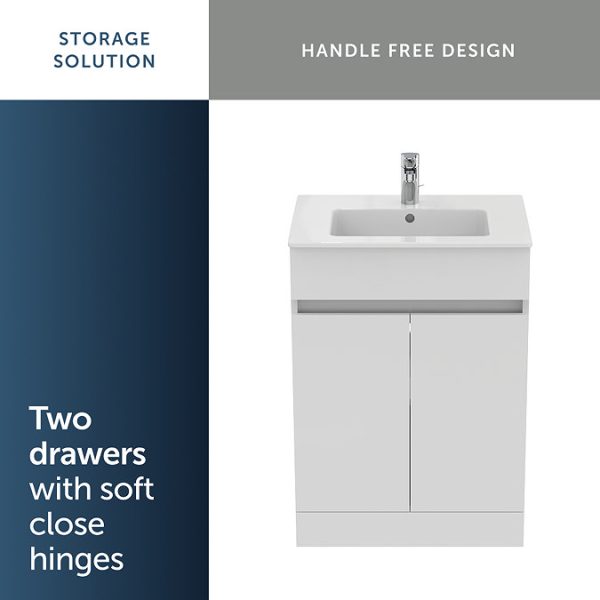 Ideal Standard Eurovit+ 60cm Floor Standing 2 Door Vanity Unit with Basin   Gloss White - Image 9
