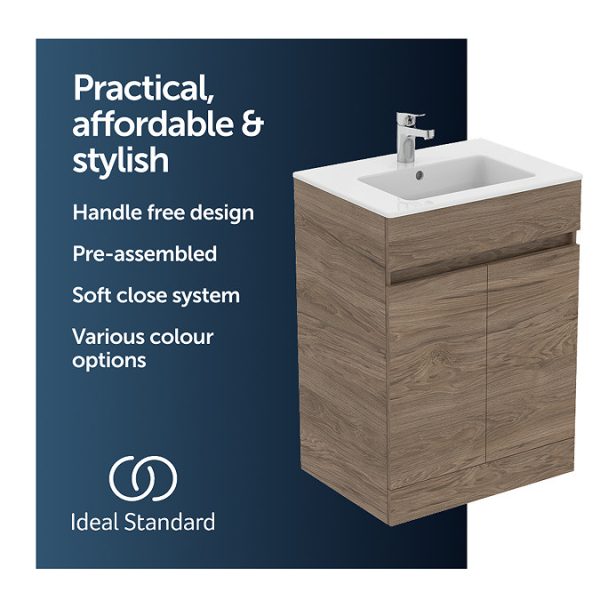 Ideal Standard Eurovit+ 60cm Floor Standing 2 Door Vanity Unit with Basin   Flint Hickory - Image 9