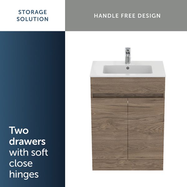 Ideal Standard Eurovit+ 60cm Floor Standing 2 Door Vanity Unit with Basin   Flint Hickory - Image 2