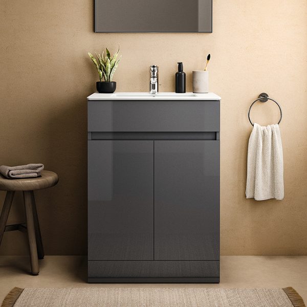Ideal Standard Eurovit+ 60cm Floor Standing 2 Door Vanity Unit with Basin   Mid Grey - Image 4