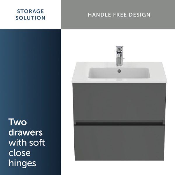Ideal Standard Eurovit+ 60cm Wall Hung 2 Drawer Vanity Unit with Basin   Mid Grey - Image 2