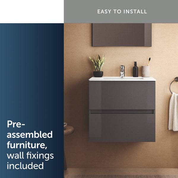 Ideal Standard Eurovit+ 60cm Wall Hung 2 Drawer Vanity Unit with Basin   Mid Grey - Image 10