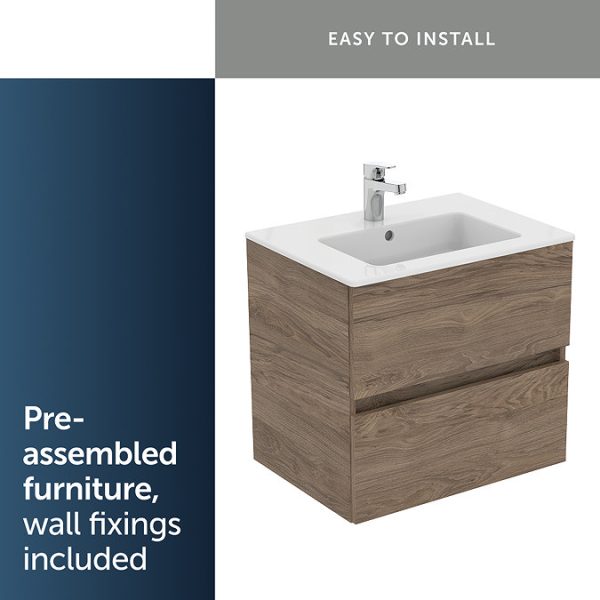 Ideal Standard Eurovit+ 60cm Wall Hung 2 Drawer Vanity Unit with Basin   Natural Oak - Image 2