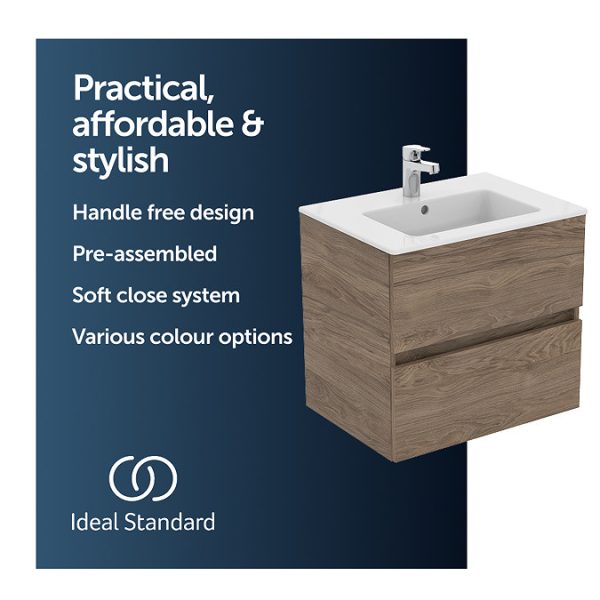 Ideal Standard Eurovit+ 60cm Wall Hung 2 Drawer Vanity Unit with Basin   Natural Oak - Image 9