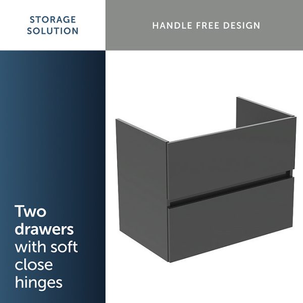 Ideal Standard Eurovit+ 70cm Wall Hung 2 Drawer Vanity Unit with Basin   Mid Grey - Image 7