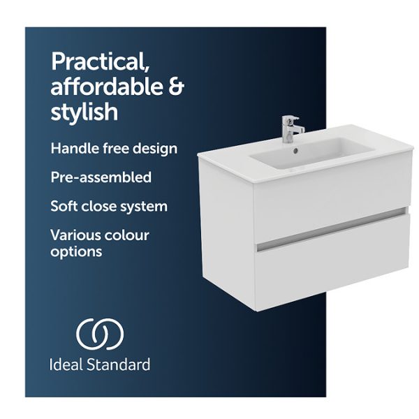 Ideal Standard Eurovit+ 70cm Wall Hung 2 Drawer Vanity Unit with Basin   Gloss White - Image 6