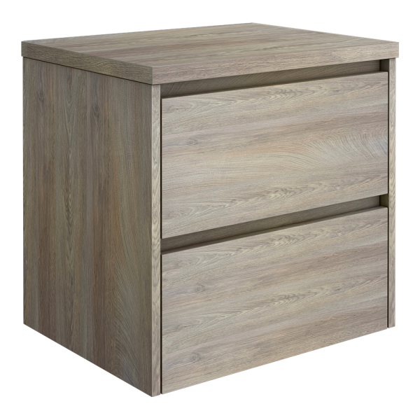 EcoDelux Ballance 600mm Mid Oak Vanity   Wall Hung 2 Drawer Unit with Worktop (Flat Packed)