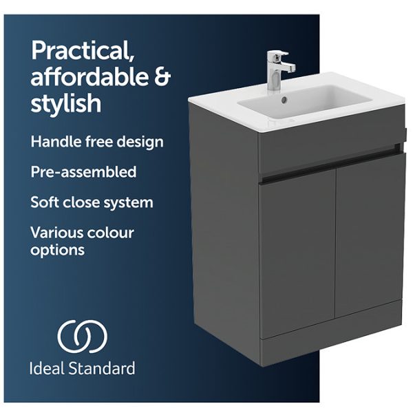Ideal Standard Eurovit+ 60cm Floor Standing 2 Door Vanity Unit with Basin   Mid Grey - Image 2